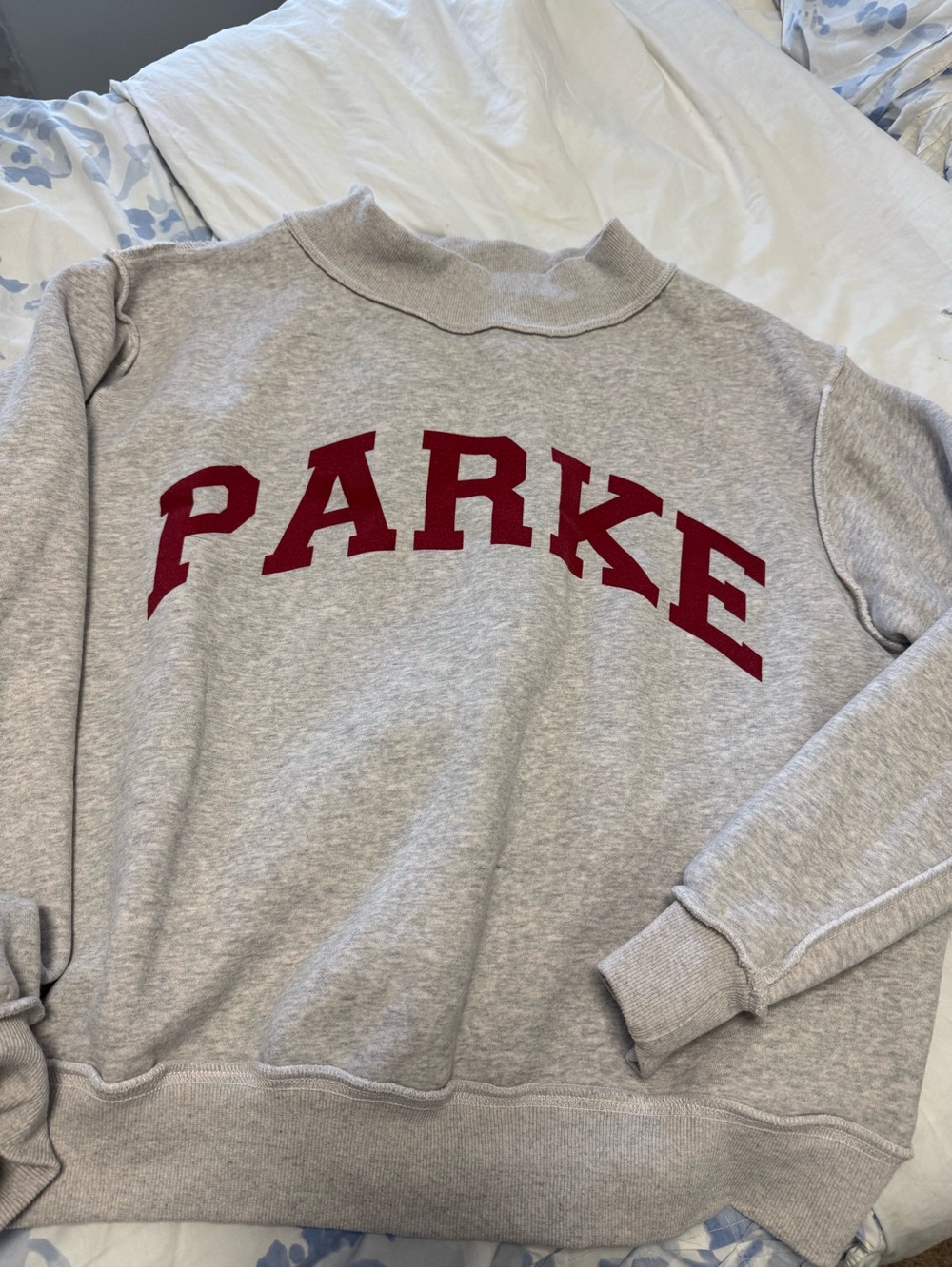 Parker Gray Crewneck Sweatshirt with Crimson Lettering